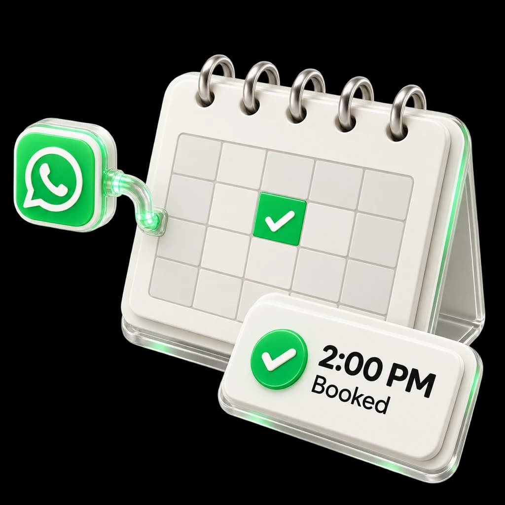 Illustration: a WhatsApp message becomes a confirmed calendar booking at 2 PM.