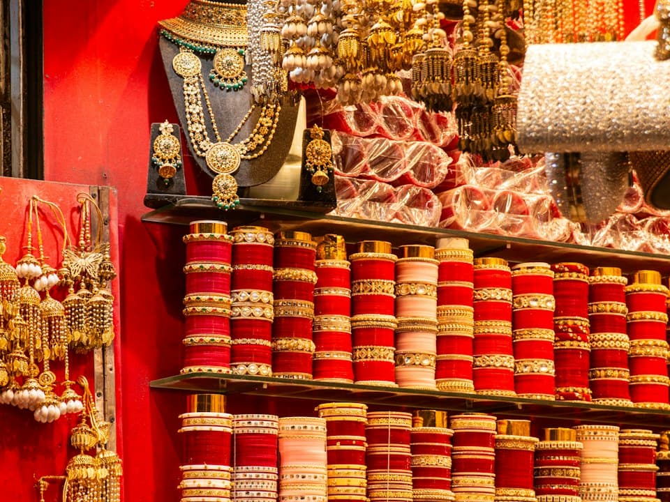 A jewellery display with necklaces and bangles